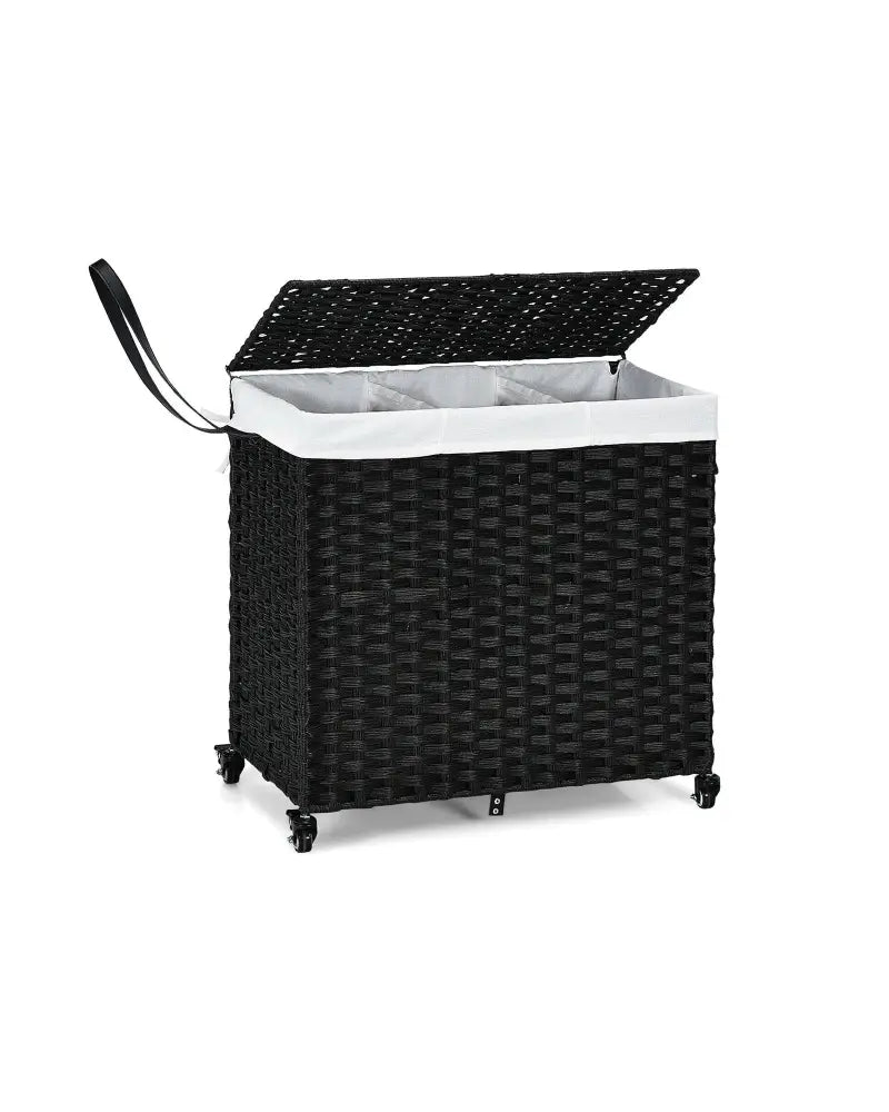 Laundry Hamper with Wheels and Lid-Black - Black - Laundry Baskets