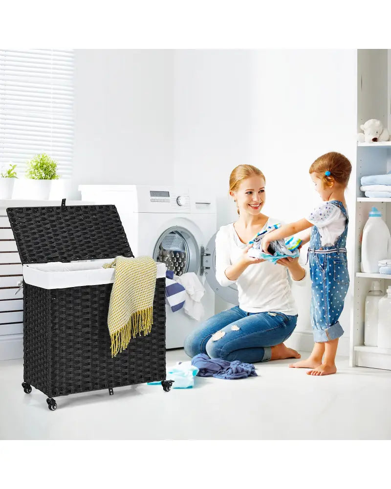 Laundry Hamper with Wheels and Lid-Black - Black - Laundry Baskets