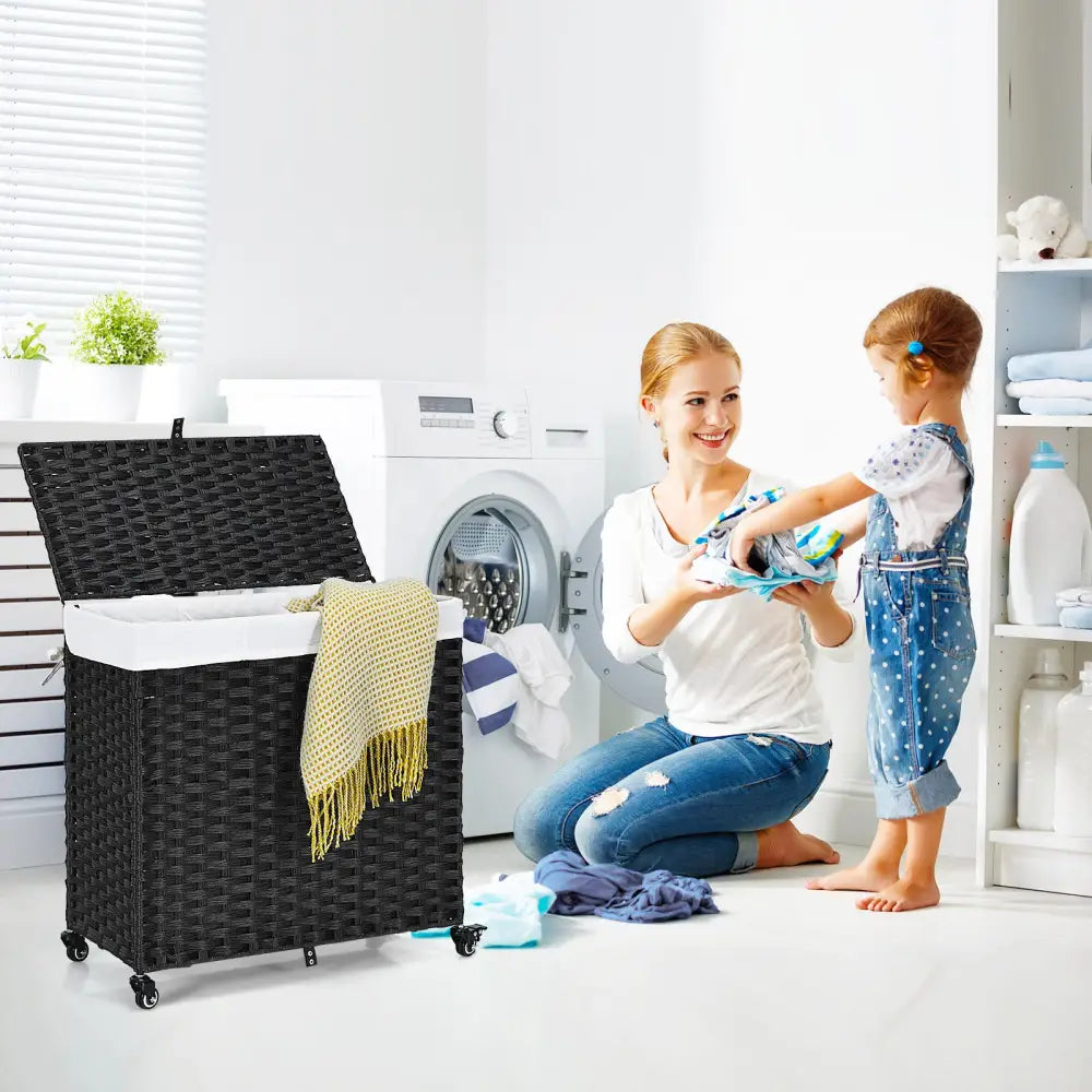 Laundry Hamper with Wheels and Lid-Black - Black - Laundry Baskets