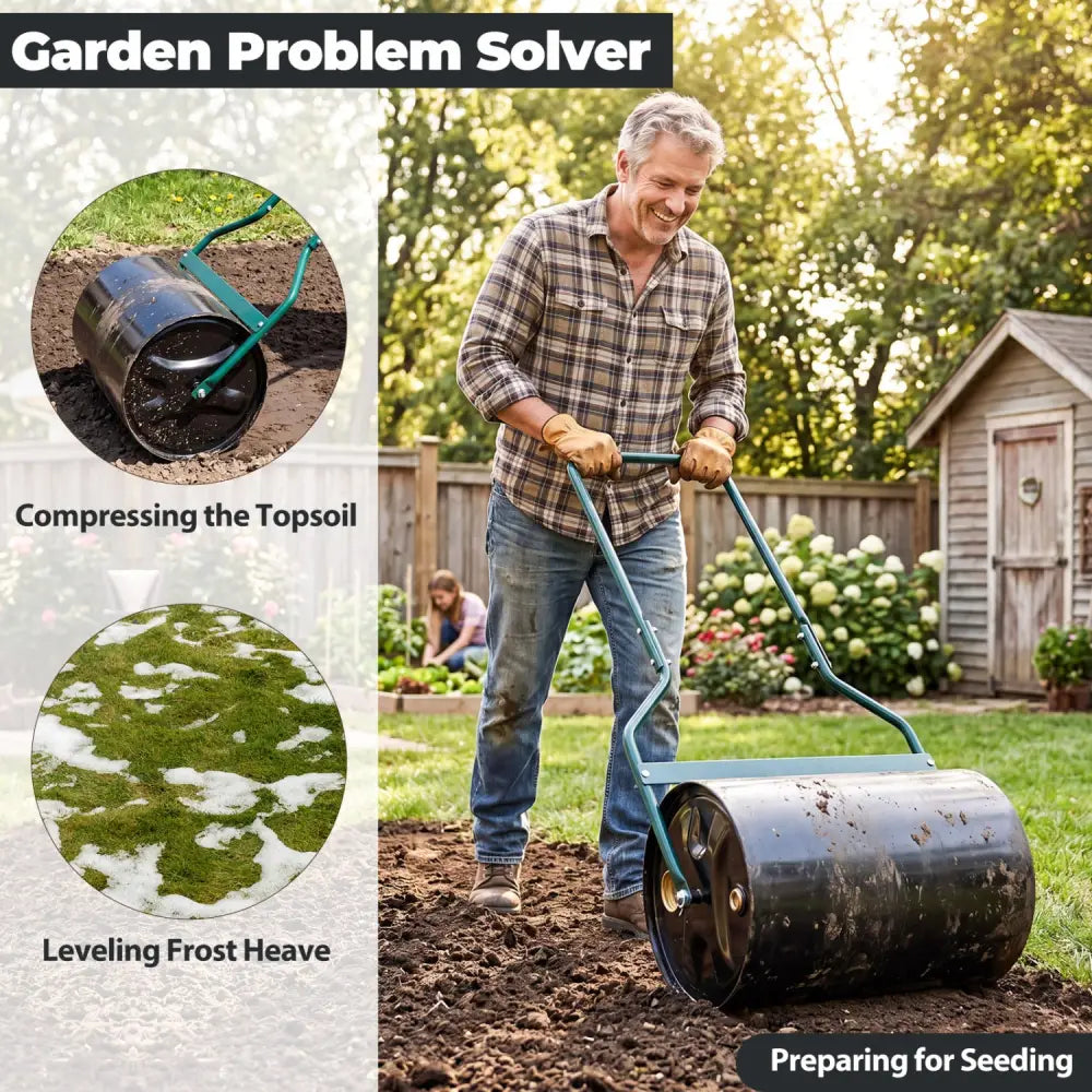 Lawn Roller 12 Gallon Water/Sand Filled Garden Drum Roller with U-shape Handle - Lawn Care Tools