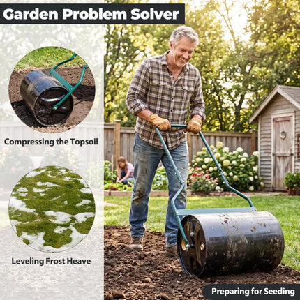 Lawn Roller 12 Gallon Water/Sand Filled Garden Drum Roller with U-shape Handle - Lawn Care Tools