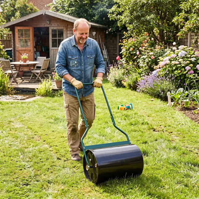 Lawn Roller 12 Gallon Water/Sand Filled Garden Drum Roller with U-shape Handle - Lawn Care Tools