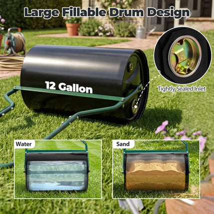 Lawn Roller 12 Gallon Water/Sand Filled Garden Drum Roller with U-shape Handle - Lawn Care Tools