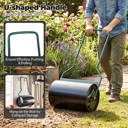 Lawn Roller 12 Gallon Water/Sand Filled Garden Drum Roller with U-shape Handle - Lawn Care Tools