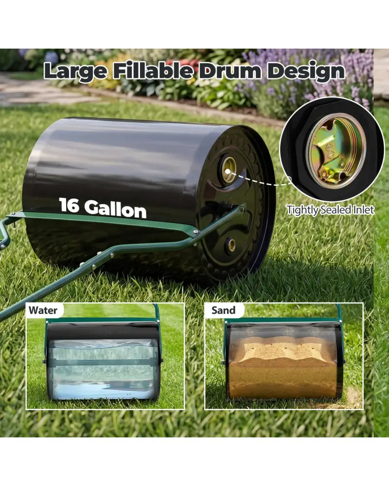 Lawn Roller 16 Gallon Water/Sand Filled Garden Drum Roller with Leak-proof Inlet - Lawn Care Tools