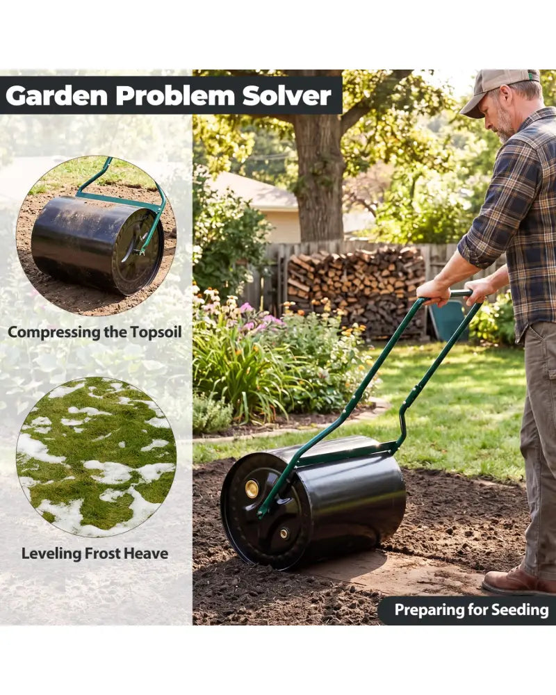 Lawn Roller 16 Gallon Water/Sand Filled Garden Drum Roller with Leak-proof Inlet - Lawn Care Tools