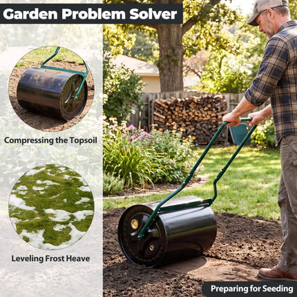 Lawn Roller 16 Gallon Water/Sand Filled Garden Drum Roller with Leak-proof Inlet - Lawn Care Tools