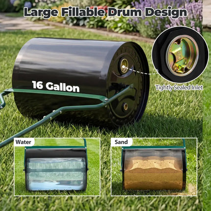 Lawn Roller 16 Gallon Water/Sand Filled Garden Drum Roller with Leak-proof Inlet - Lawn Care Tools