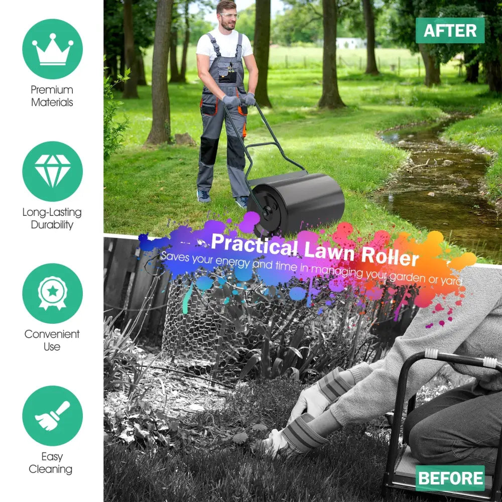 Lawn Roller with U-Shaped Handle for Garden Backyard - Black - Lawn Care Tools