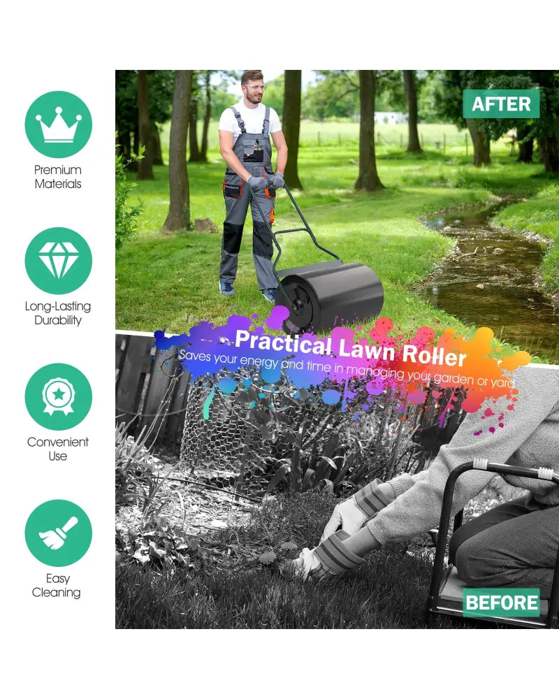 Lawn Roller with U-Shaped Handle for Garden Backyard - Black - Lawn Care Tools