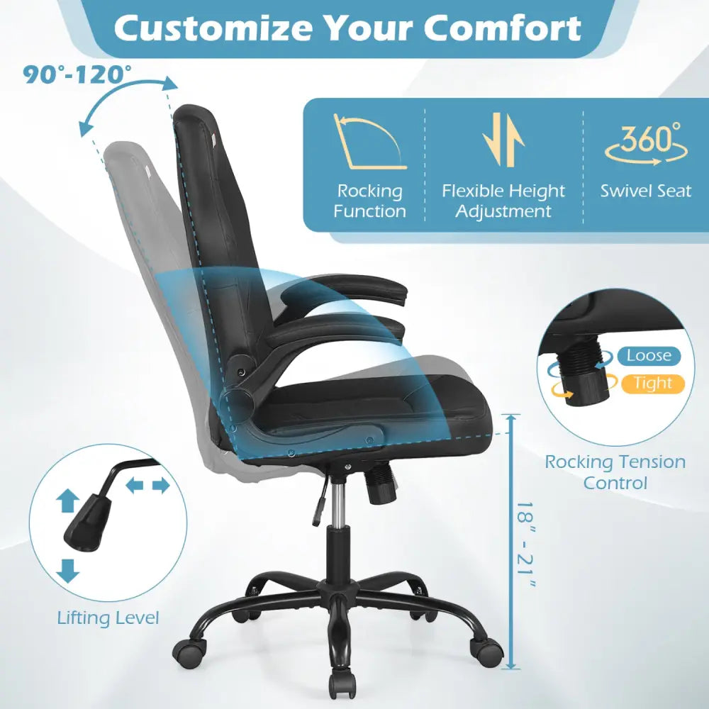 Leather Office Chair Ergonomic Computer Desk Chair with Flip-up Armrests-Black - Black - Ergonomic Chairs