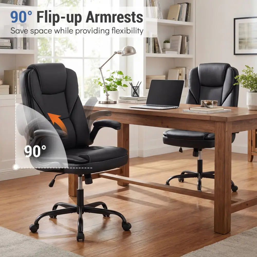 Leather Office Chair Ergonomic Computer Desk Chair with Flip-up Armrests Rocking Function-Black - Black - Ergonomic