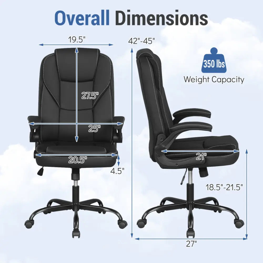 Leather Office Chair Ergonomic Computer Desk Chair with Flip-up Armrests Rocking Function-Black - Black - Ergonomic