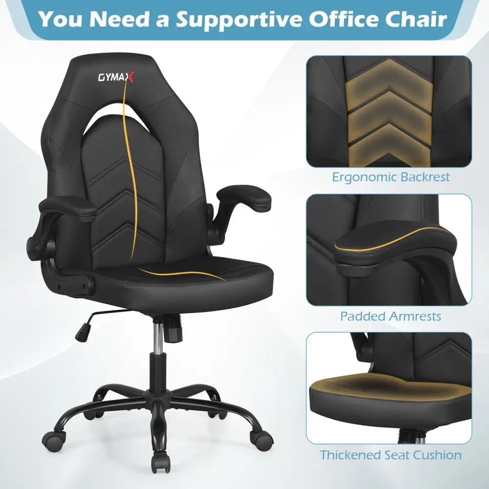 Leather Office Chair Ergonomic Computer Desk Chair with Flip-up Armrests-Black - Black - Ergonomic Chairs