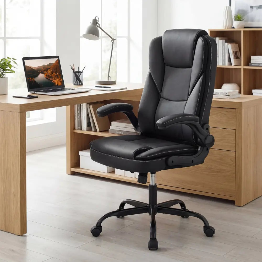 Leather Office Chair Ergonomic Computer Desk Chair with Flip-up Armrests Rocking Function-Black - Black - Ergonomic