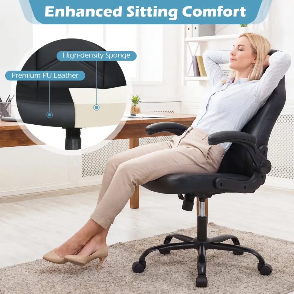 Leather Office Chair Ergonomic Computer Desk Chair with Flip-up Armrests-Black - Black - Ergonomic Chairs