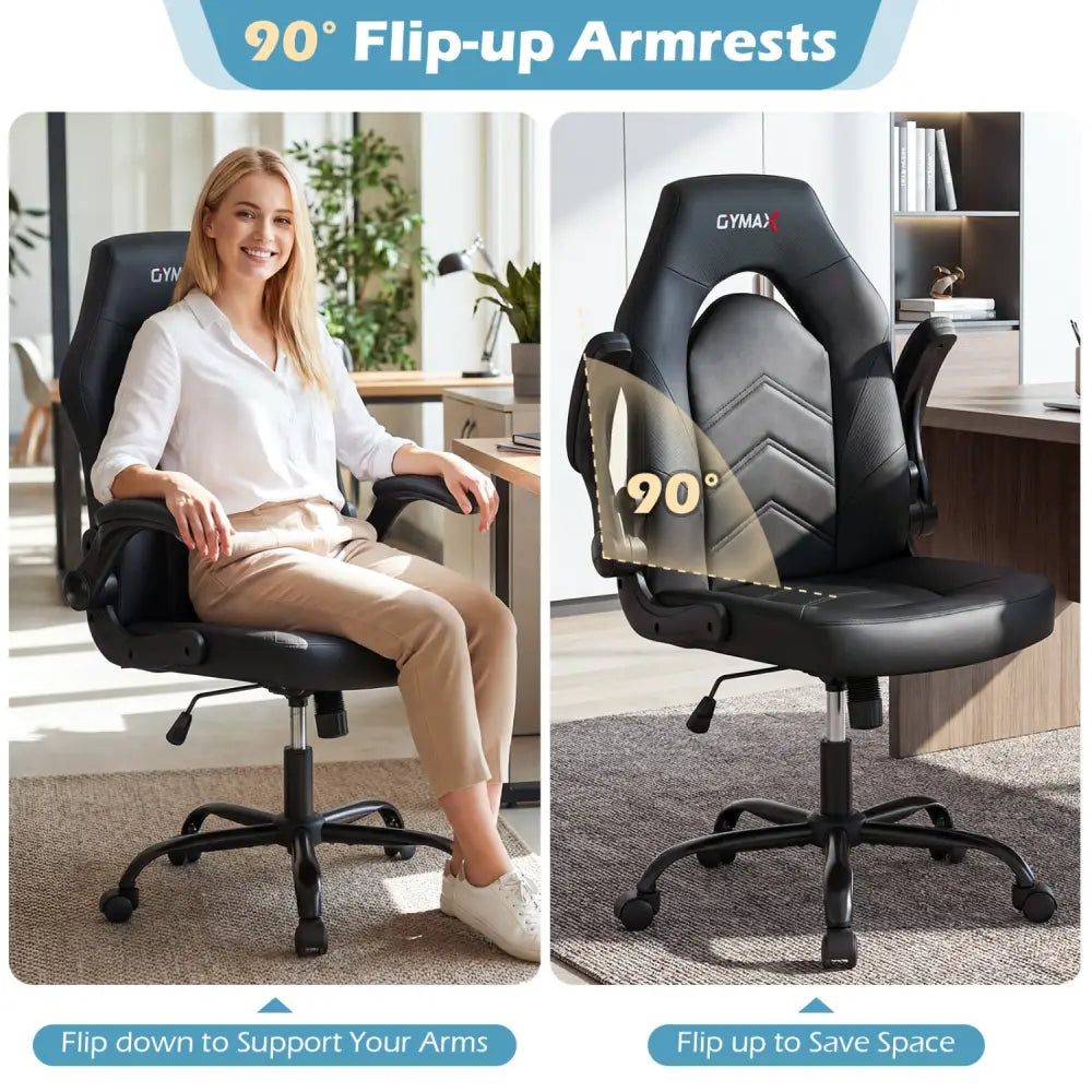 Leather Office Chair Ergonomic Computer Desk Chair with Flip-up Armrests-Black - Black - Ergonomic Chairs