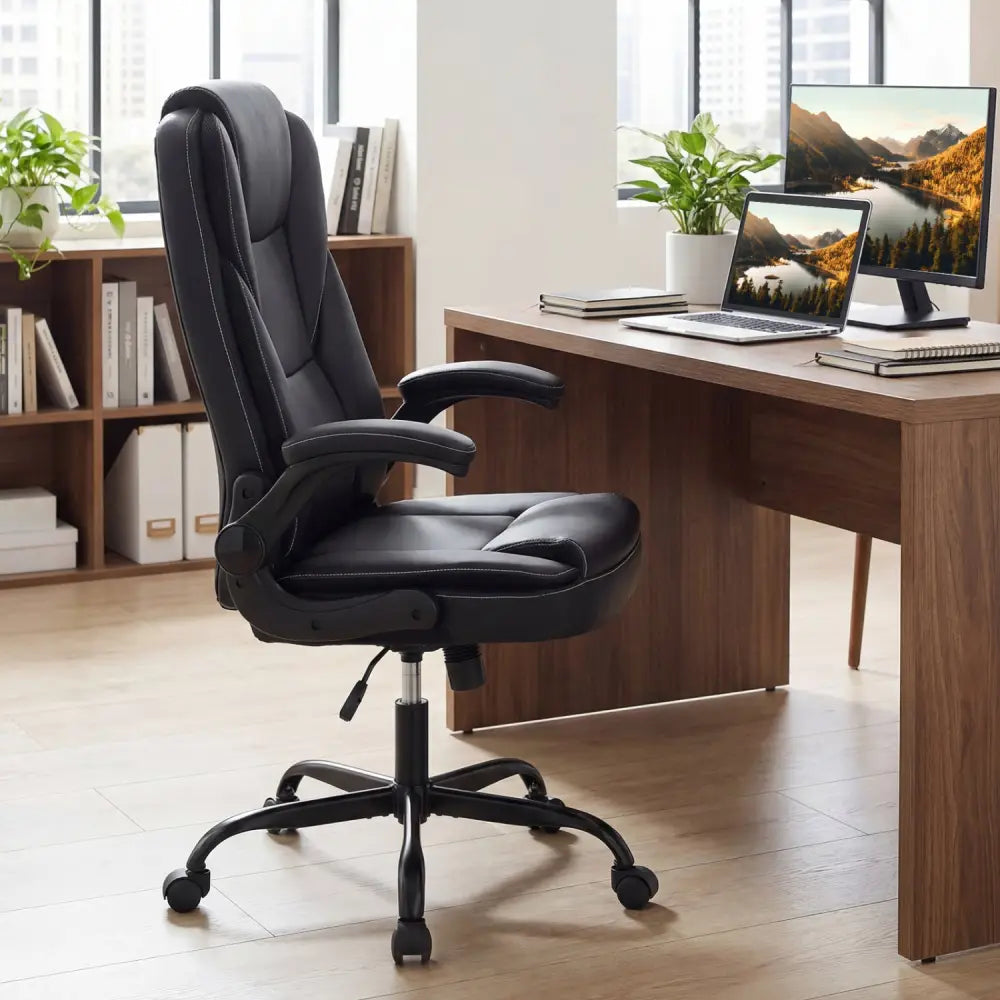 Leather Office Chair Ergonomic Computer Desk Chair with Flip-up Armrests Rocking Function-Black - Black - Ergonomic