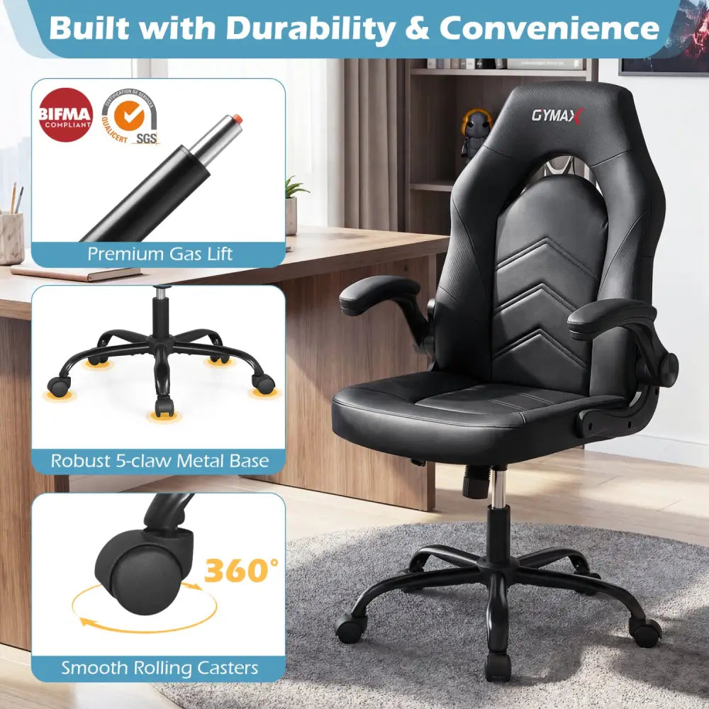 Leather Office Chair Ergonomic Computer Desk Chair with Flip-up Armrests-Black - Black - Ergonomic Chairs