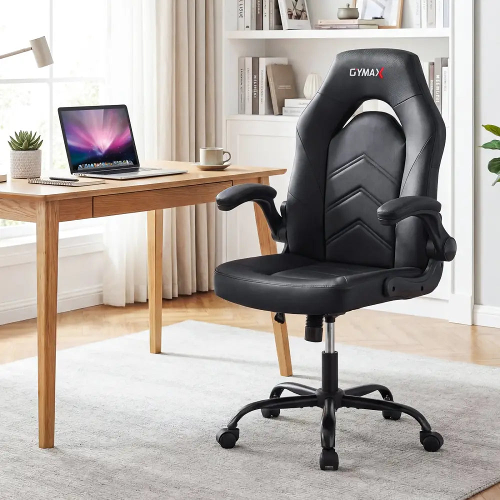 Leather Office Chair Ergonomic Computer Desk Chair with Flip-up Armrests-Black - Black - Ergonomic Chairs
