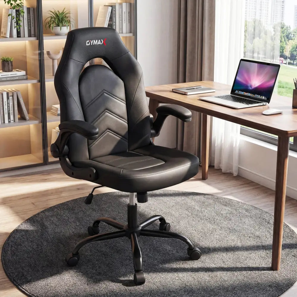 Leather Office Chair Ergonomic Computer Desk Chair with Flip-up Armrests-Black - Black - Ergonomic Chairs
