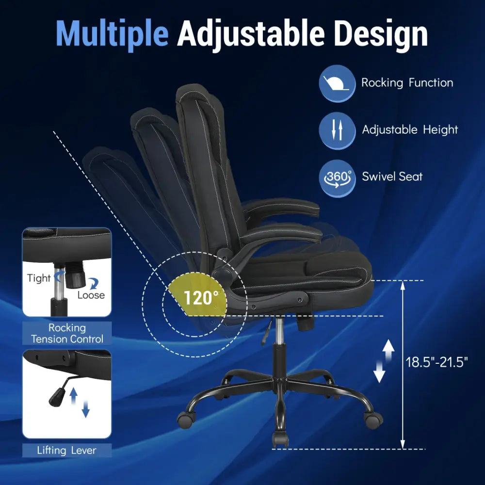 Leather Office Chair Ergonomic Computer Desk Chair with Flip-up Armrests Rocking Function-Black - Black - Ergonomic