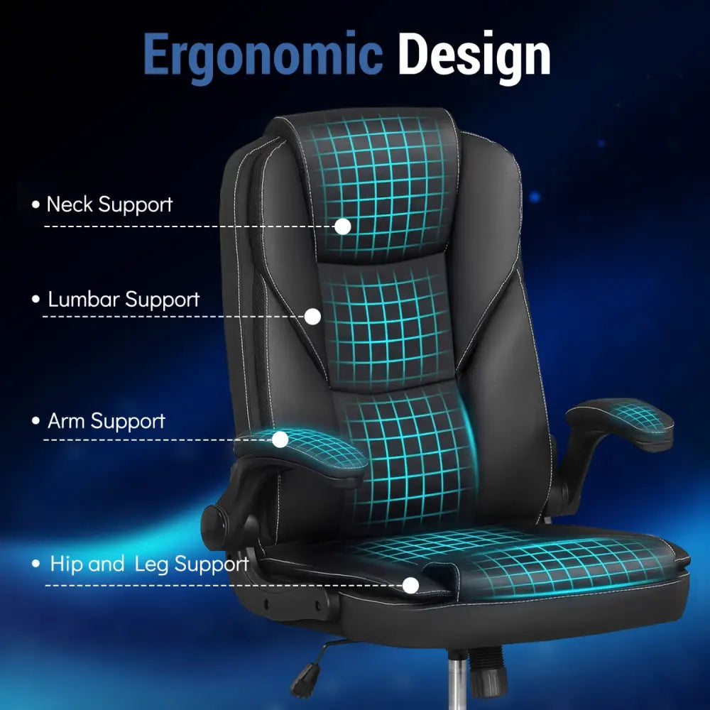 Leather Office Chair Ergonomic Computer Desk Chair with Flip-up Armrests Rocking Function-Black - Black - Ergonomic