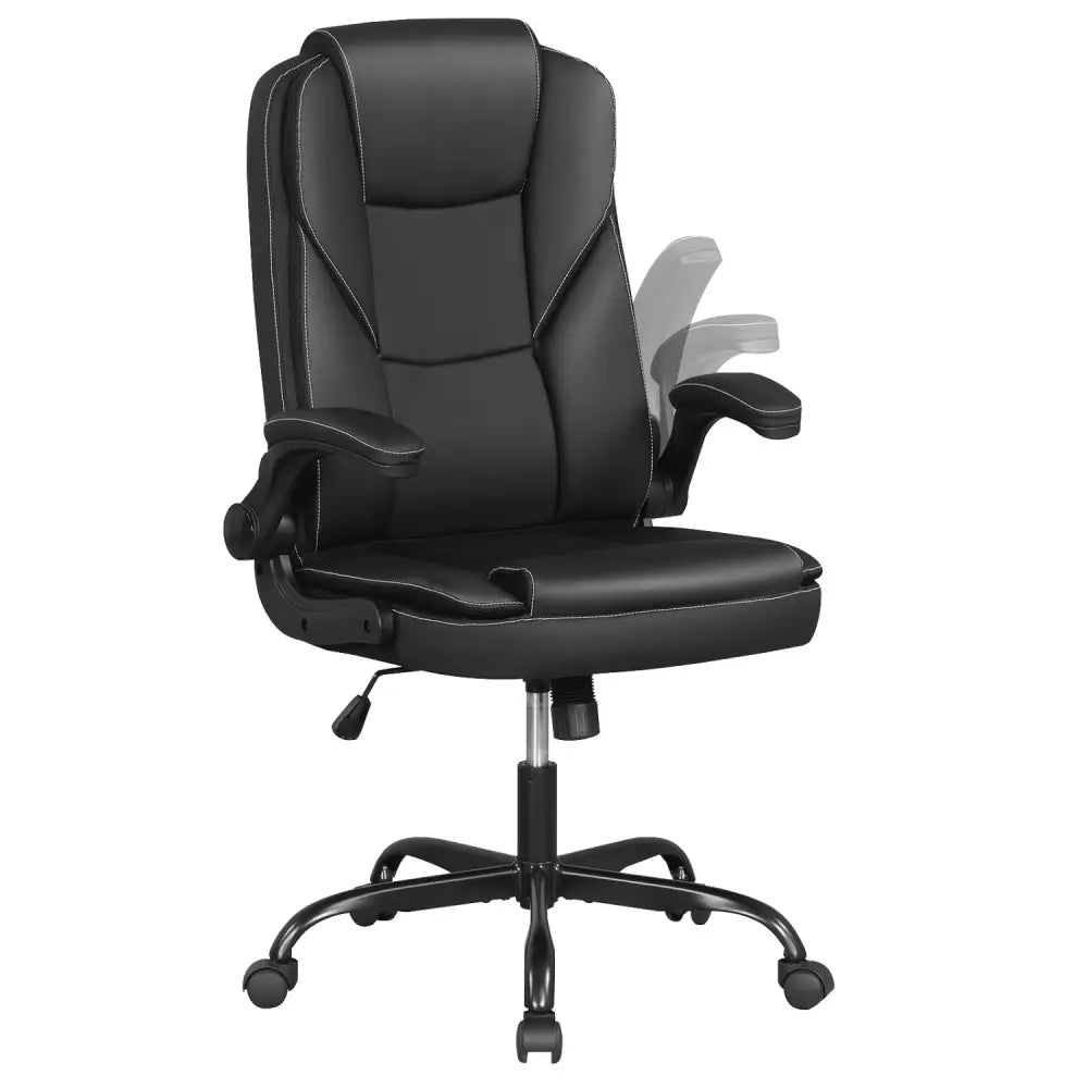 Leather Office Chair Ergonomic Computer Desk Chair with Flip-up Armrests Rocking Function-Black - Black - Ergonomic