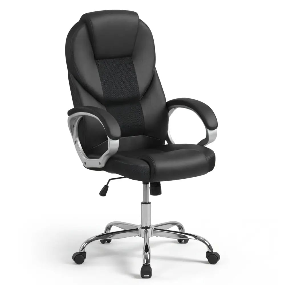 Leather Office Chair Ergonomic Mesh Executive Chair with Padded Armrests and Rocking Backrest-Black - Black - Ergonomic
