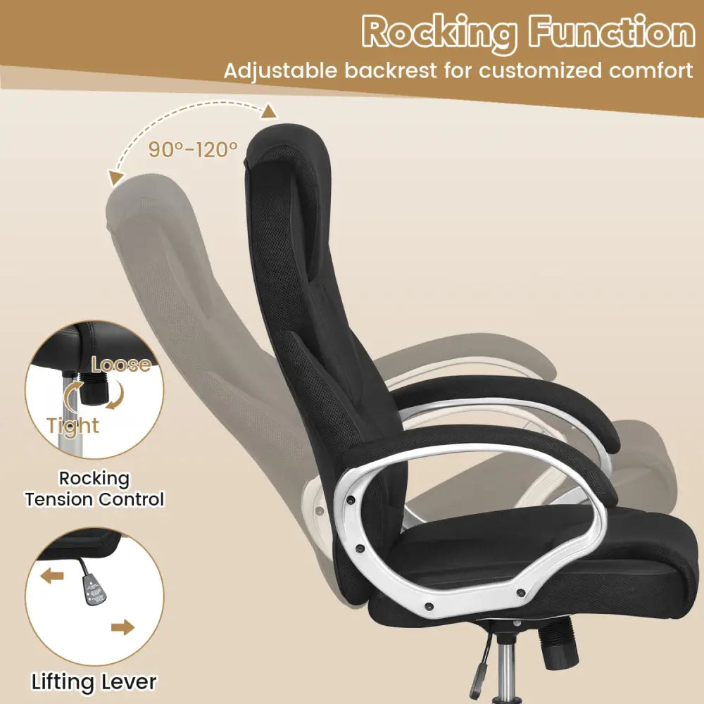 Leather Office Chair Ergonomic Mesh Executive Chair with Padded Armrests and Rocking Backrest-Black - Black - Ergonomic
