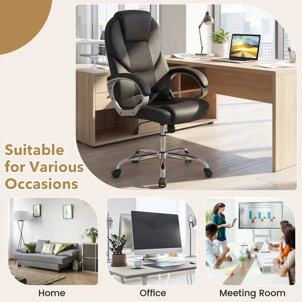 Leather Office Chair Ergonomic Mesh Executive Chair with Padded Armrests and Rocking Backrest-Black - Black - Ergonomic
