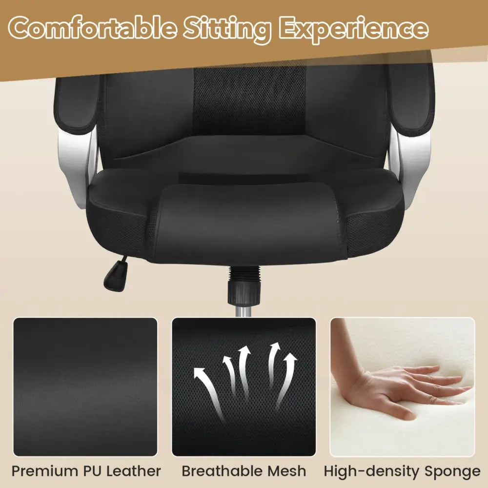 Leather Office Chair Ergonomic Mesh Executive Chair with Padded Armrests and Rocking Backrest-Black - Black - Ergonomic