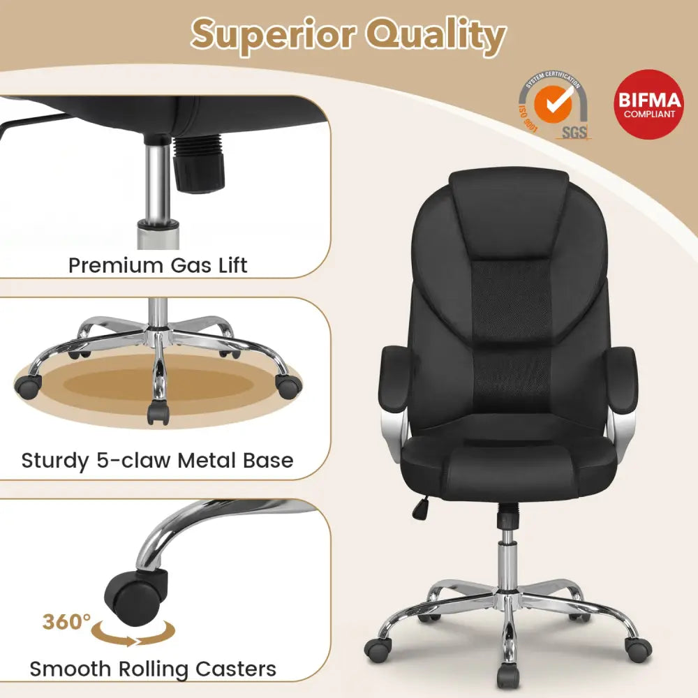 Leather Office Chair Ergonomic Mesh Executive Chair with Padded Armrests and Rocking Backrest-Black - Black - Ergonomic