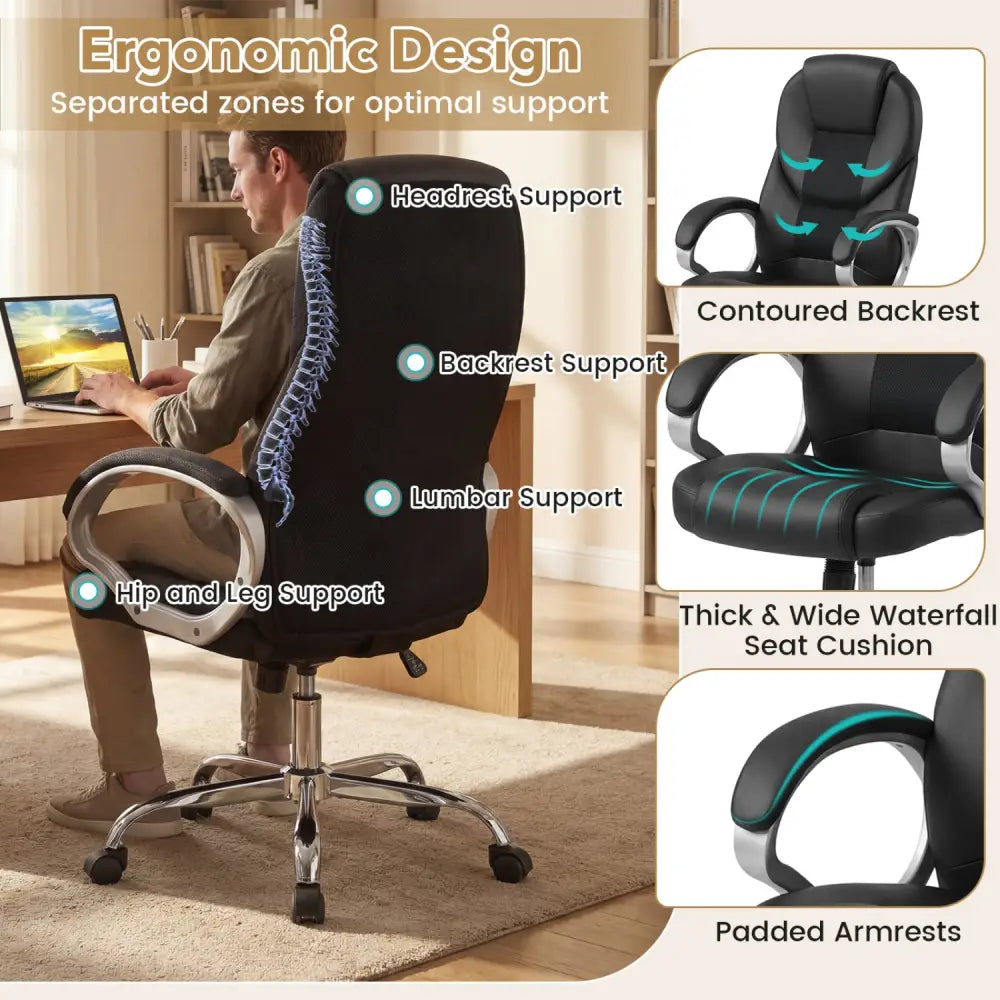 Leather Office Chair Ergonomic Mesh Executive Chair with Padded Armrests and Rocking Backrest-Black - Black - Ergonomic