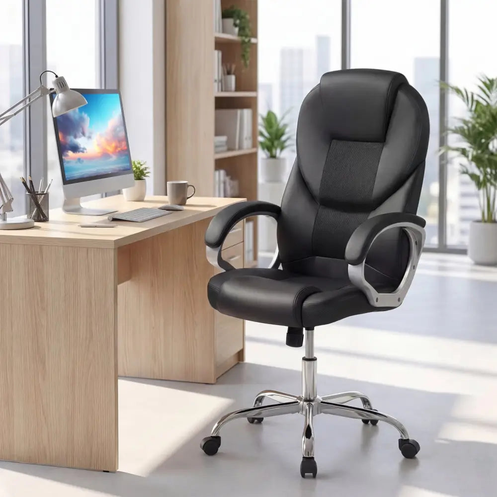 Leather Office Chair Ergonomic Mesh Executive Chair with Padded Armrests and Rocking Backrest-Black - Black - Ergonomic
