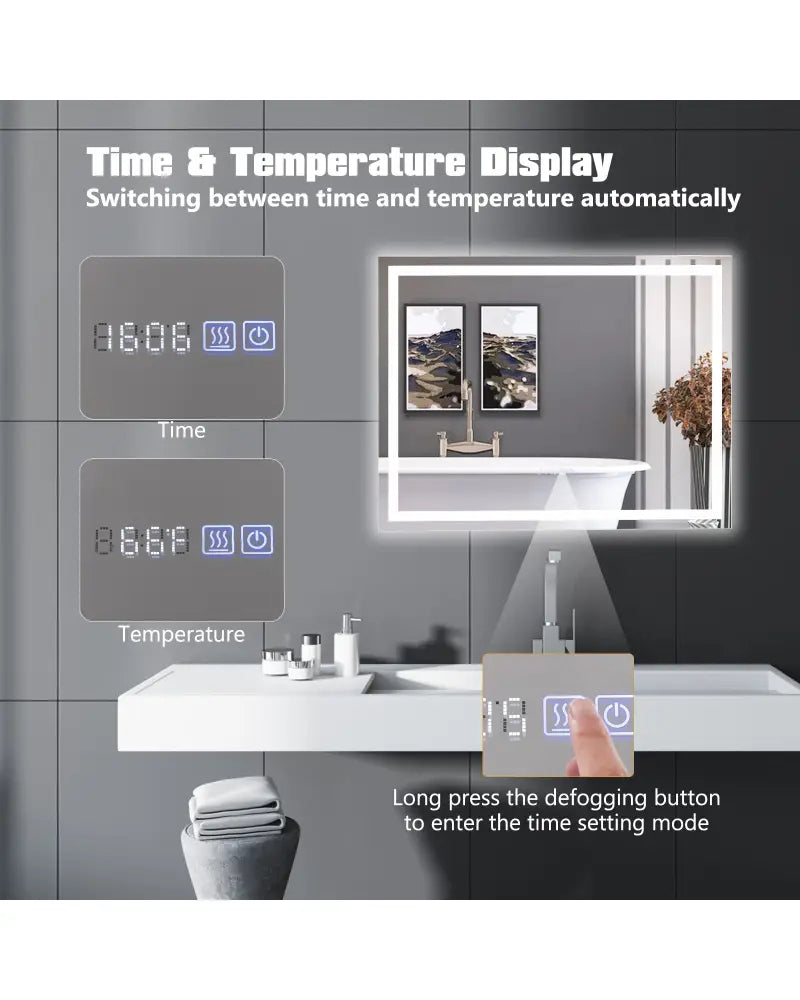LED Bathroom Mirror Wall Mounted Rectangle Mirror with 3-Color Dimmable Lights-M - White - Wall Mirrors