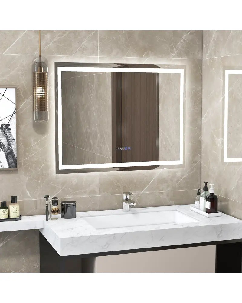 LED Bathroom Mirror Wall Mounted Rectangle Mirror with 3-Color Dimmable Lights-M - White - Wall Mirrors