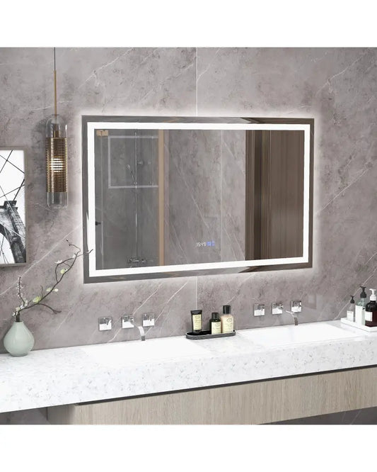 LED Bathroom Mirror Wall Mounted Rectangle Mirror with 3-Color Dimmable Lights-L - Silver - Wall Mirrors