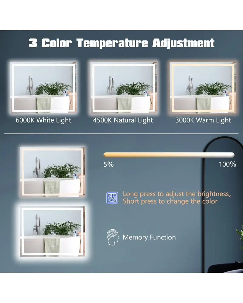 LED Bathroom Mirror Wall Mounted Rectangle Mirror with 3-Color Dimmable Lights-M - White - Wall Mirrors