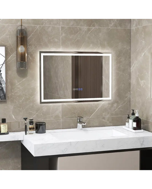 LED Bathroom Mirror Wall Mounted Rectangle Mirror with 3-Color Dimmable Lights-S - Silver - Wall Mirrors