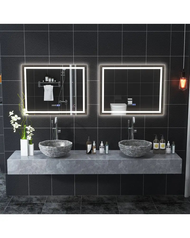 LED Bathroom Mirror Wall Mounted Rectangle Mirror with 3-Color Dimmable Lights-M - White - Wall Mirrors