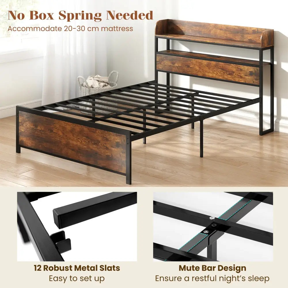 LED Bed Frame with Power Outlets and Storage Headboard-Full Size - Beds & Bed Frames