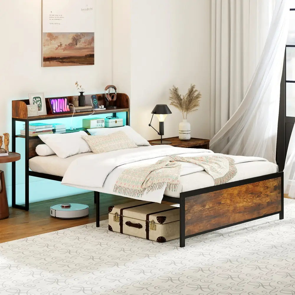 LED Bed Frame with Power Outlets and Storage Headboard-Full Size - Beds & Bed Frames