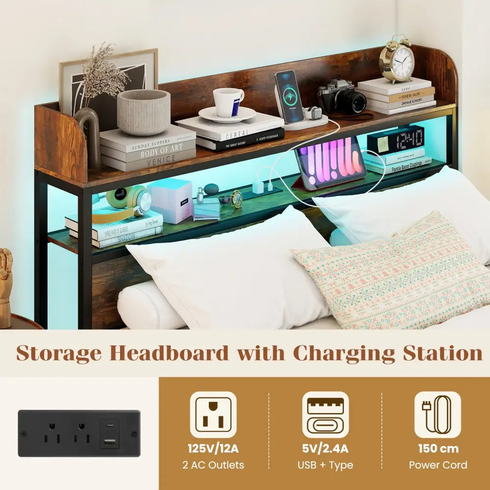 LED Bed Frame with Power Outlets and Storage Headboard-Full Size - Beds & Bed Frames
