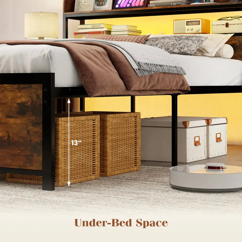 LED Bed Frame with Power Outlets and Storage Headboard-Full Size - Beds & Bed Frames