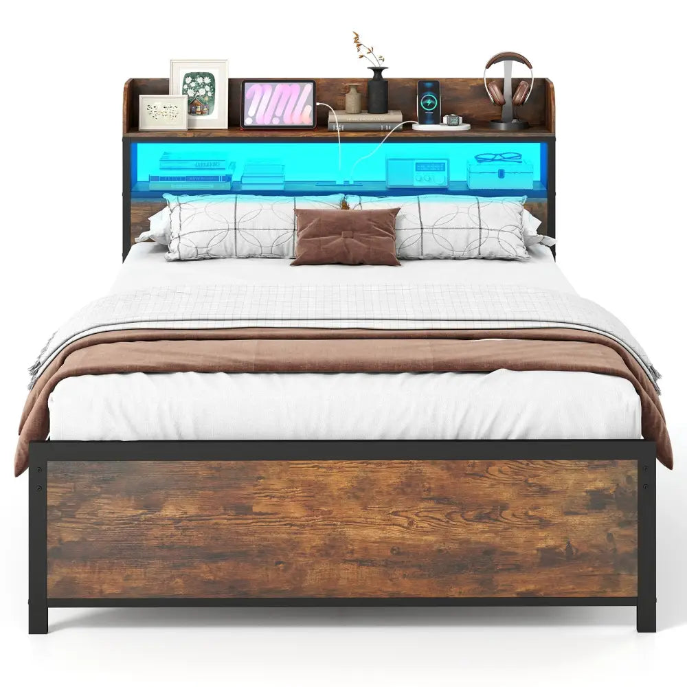 LED Bed Frame with Power Outlets and Storage Headboard-Full Size - Beds & Bed Frames