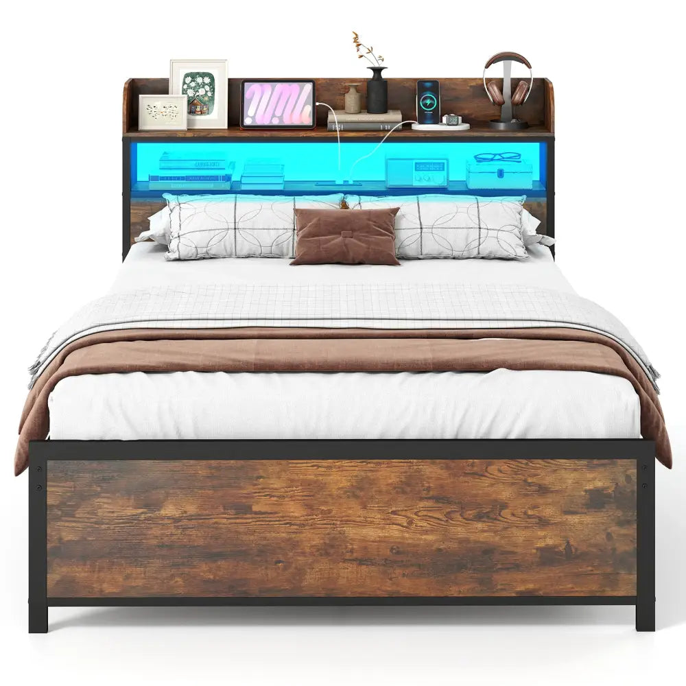 LED Bed Frame with Power Outlets and Storage Headboard-Full Size - Beds & Bed Frames