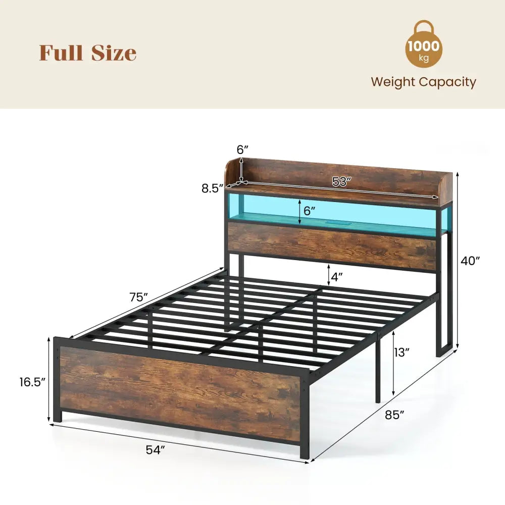 LED Bed Frame with Power Outlets and Storage Headboard-Full Size - Beds & Bed Frames
