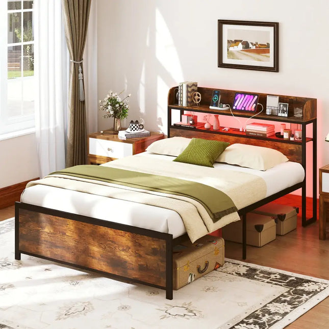 LED Bed Frame with Power Outlets and Storage Headboard-Full Size - Beds & Bed Frames