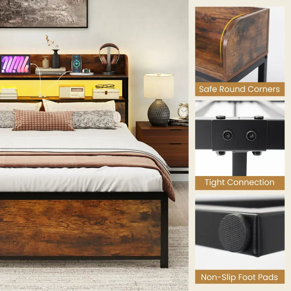 LED Bed Frame with Power Outlets and Storage Headboard-Full Size - Beds & Bed Frames